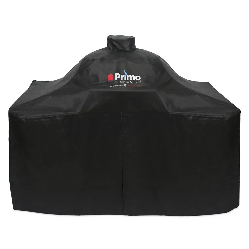 Primo Vinyl Grill Cover for Oval XL 400 & Round Kamado on Curved Cypress Table 