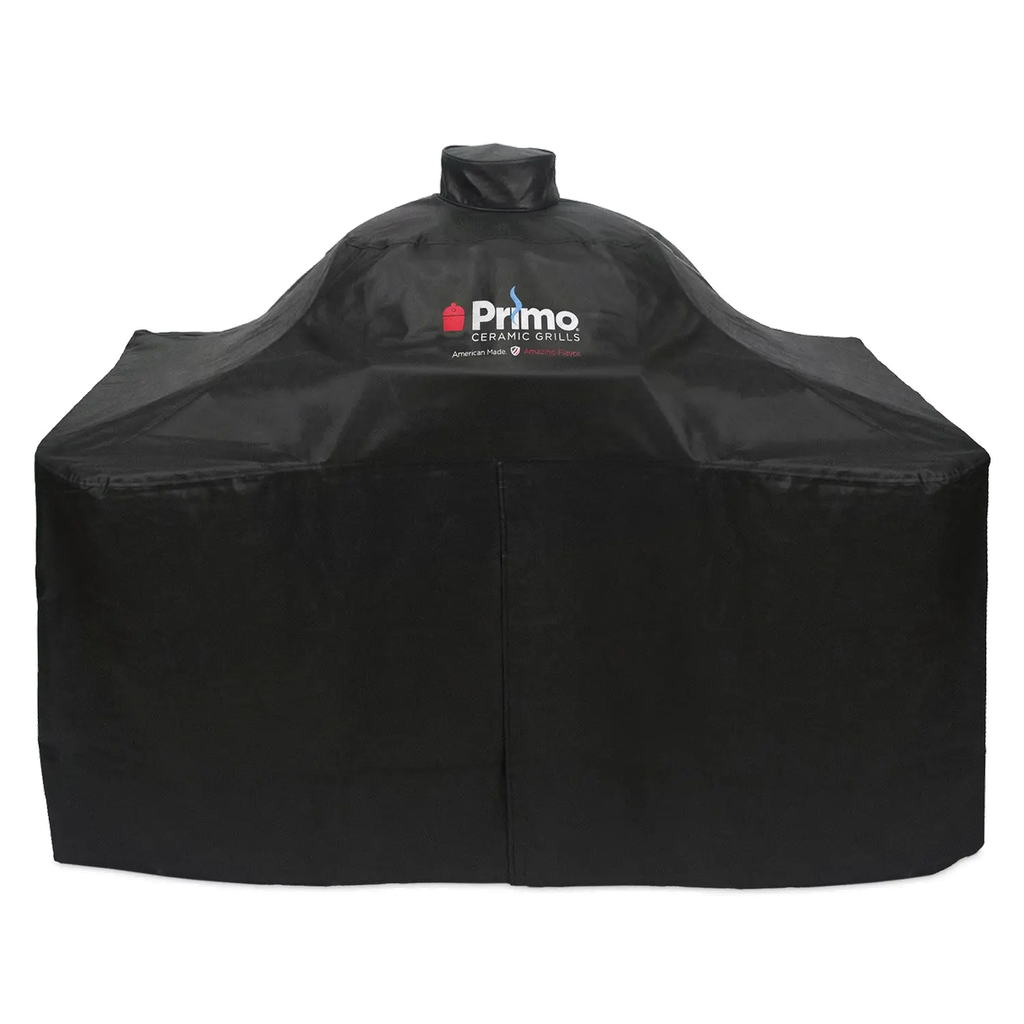 Primo Vinyl Grill Cover for Oval XL 400 & Round Kamado on Curved Cypress Table 